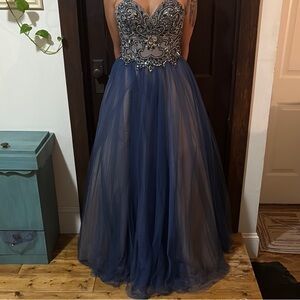 Terani Couture Silver and Blue Embellished Strapless Prom Gown